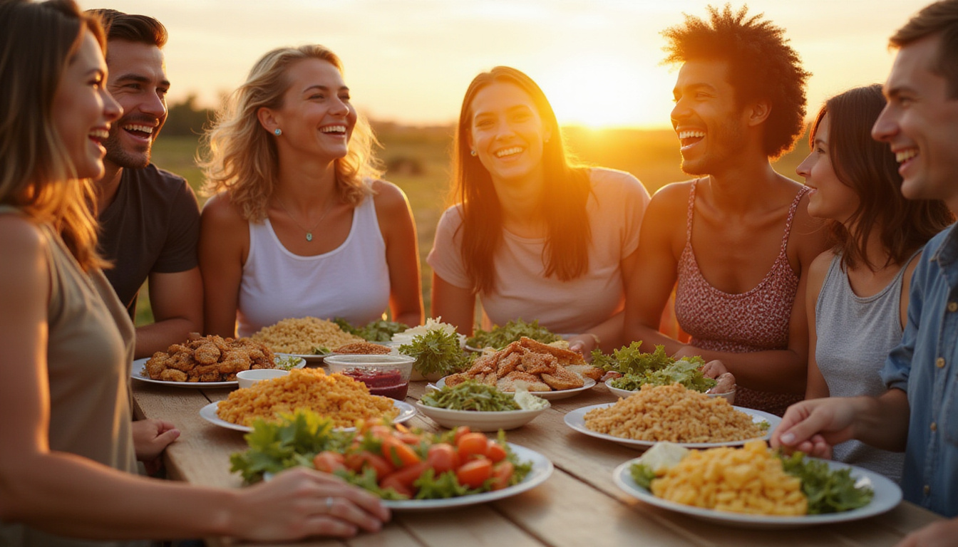 Diverse group laughing outdoors, plates of whole foods, sunrise, dynamic motion, renewed vitality