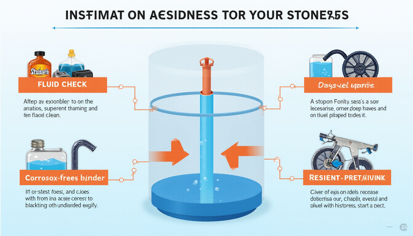 Infographic-style long-term maintenance scene: fluid check, regular schedule, clean reservoir, corrosion-free parts