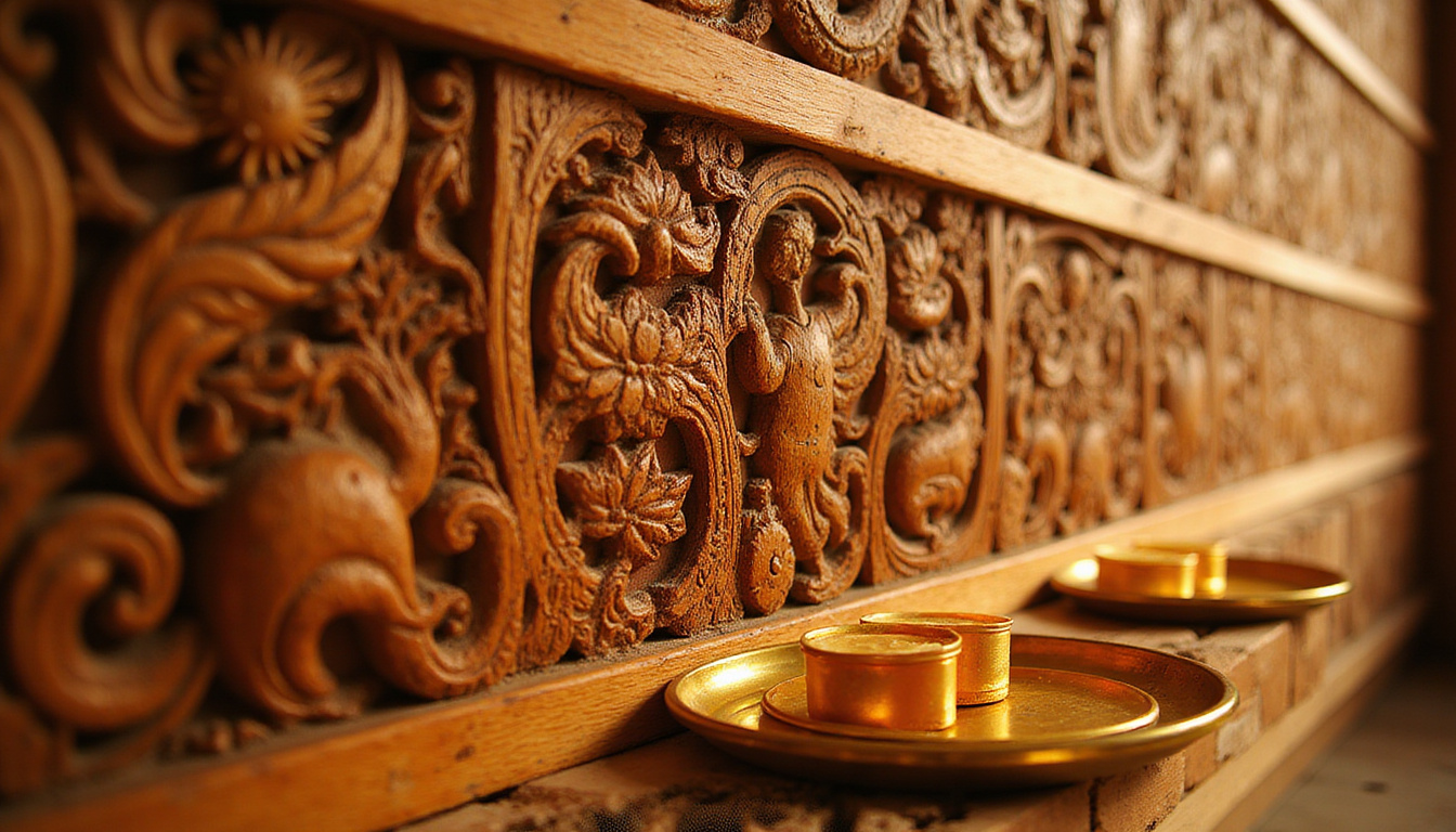Close-up of intricately carved wooden reliefs, golden offering trays, warm tropical light, shallow depth