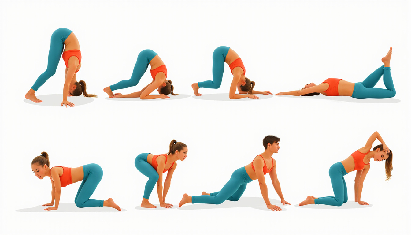 Sequential illustrations of seven simple stretches for neck and back, colorful flat vector