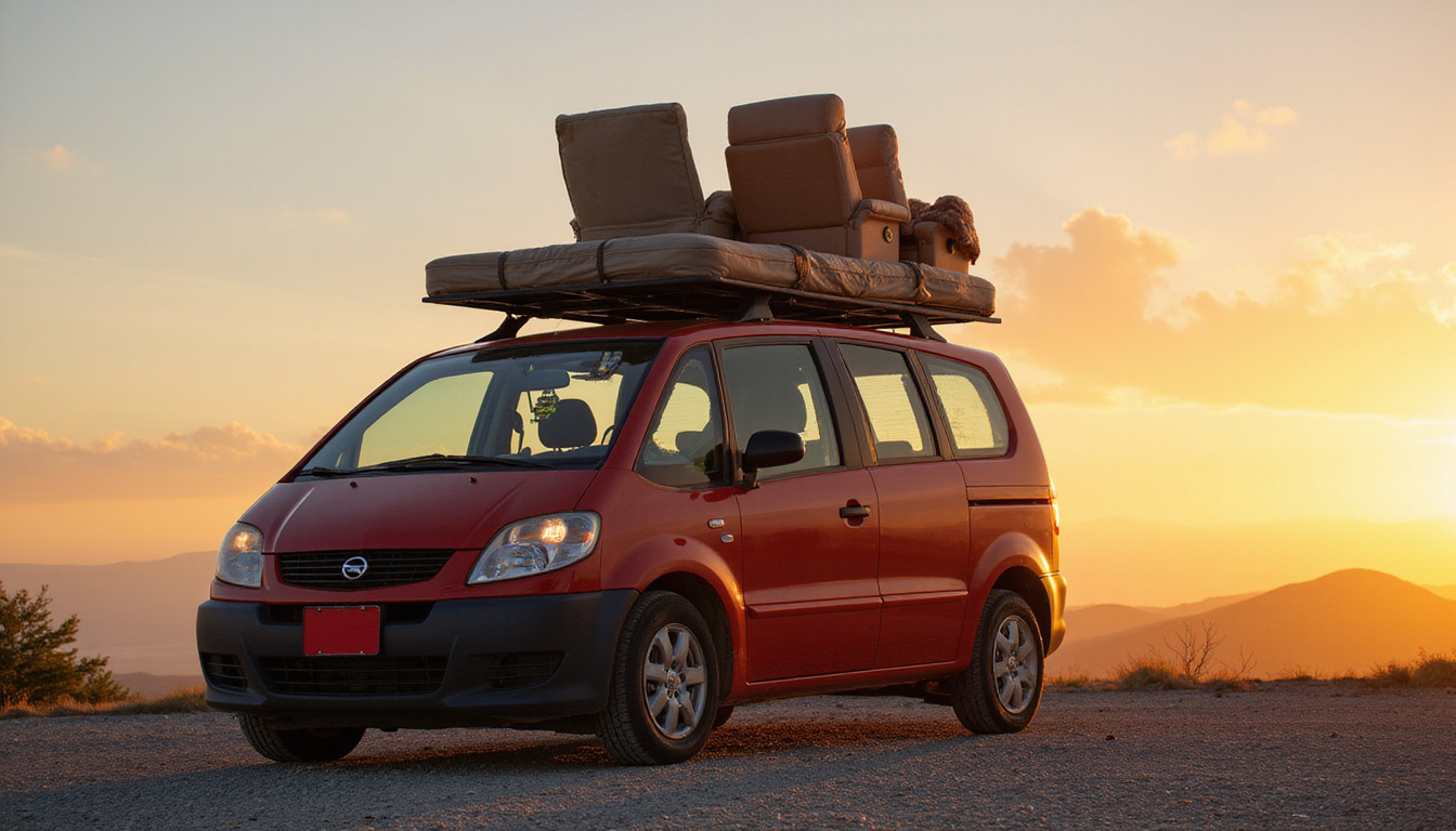 Compact hatchback loaded with stacked chairs and mattress, roof rack securing tied-down couch, sunset