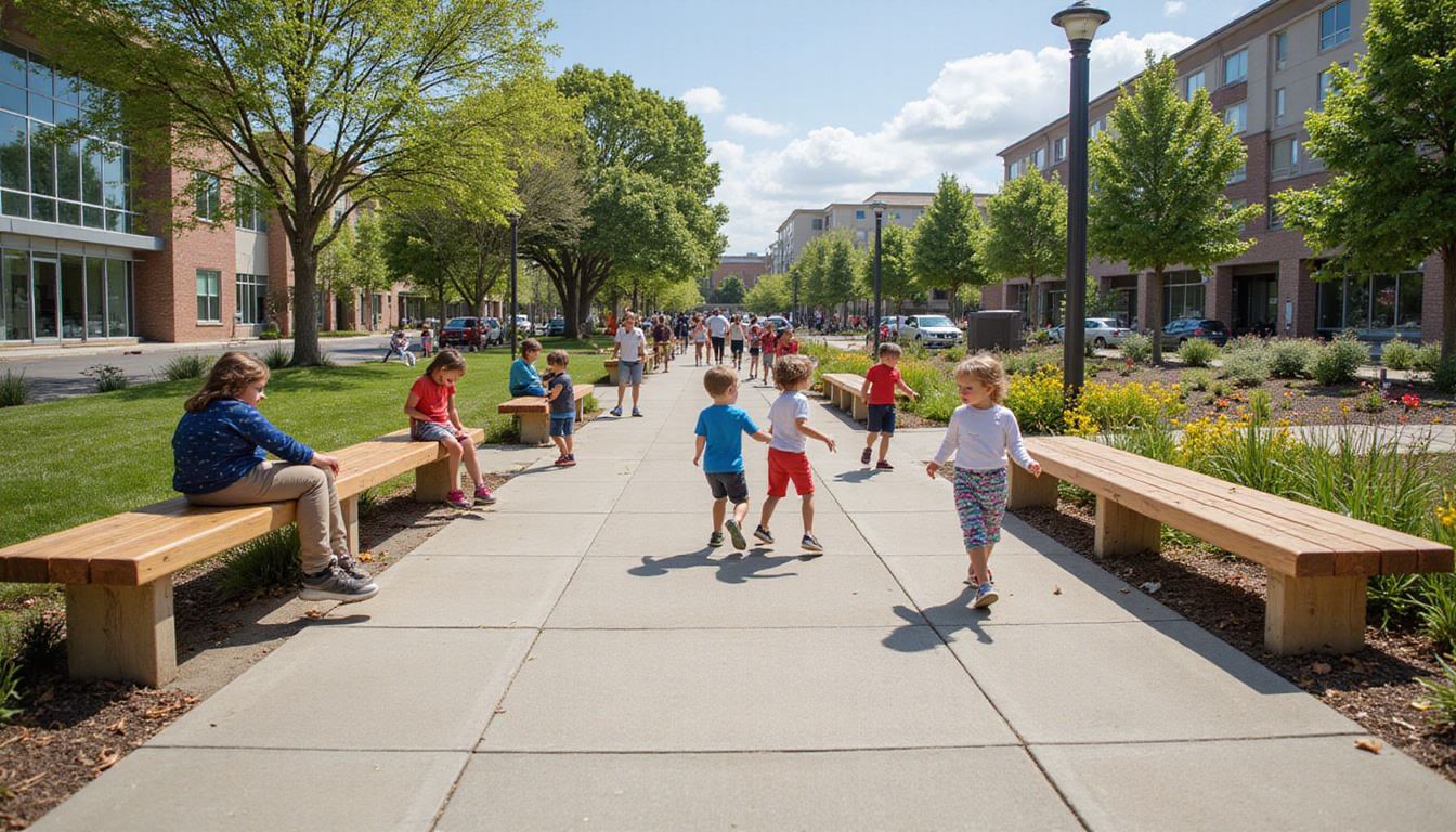 Children playing near new benches, community garden beds, colorful recycled art, smiling neighbors