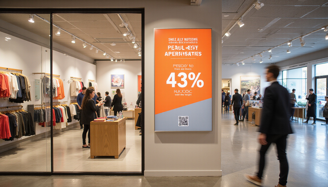  Minimalist interior signage, clear typography and bright sale tags, shoppers engaging with interactive QR codes