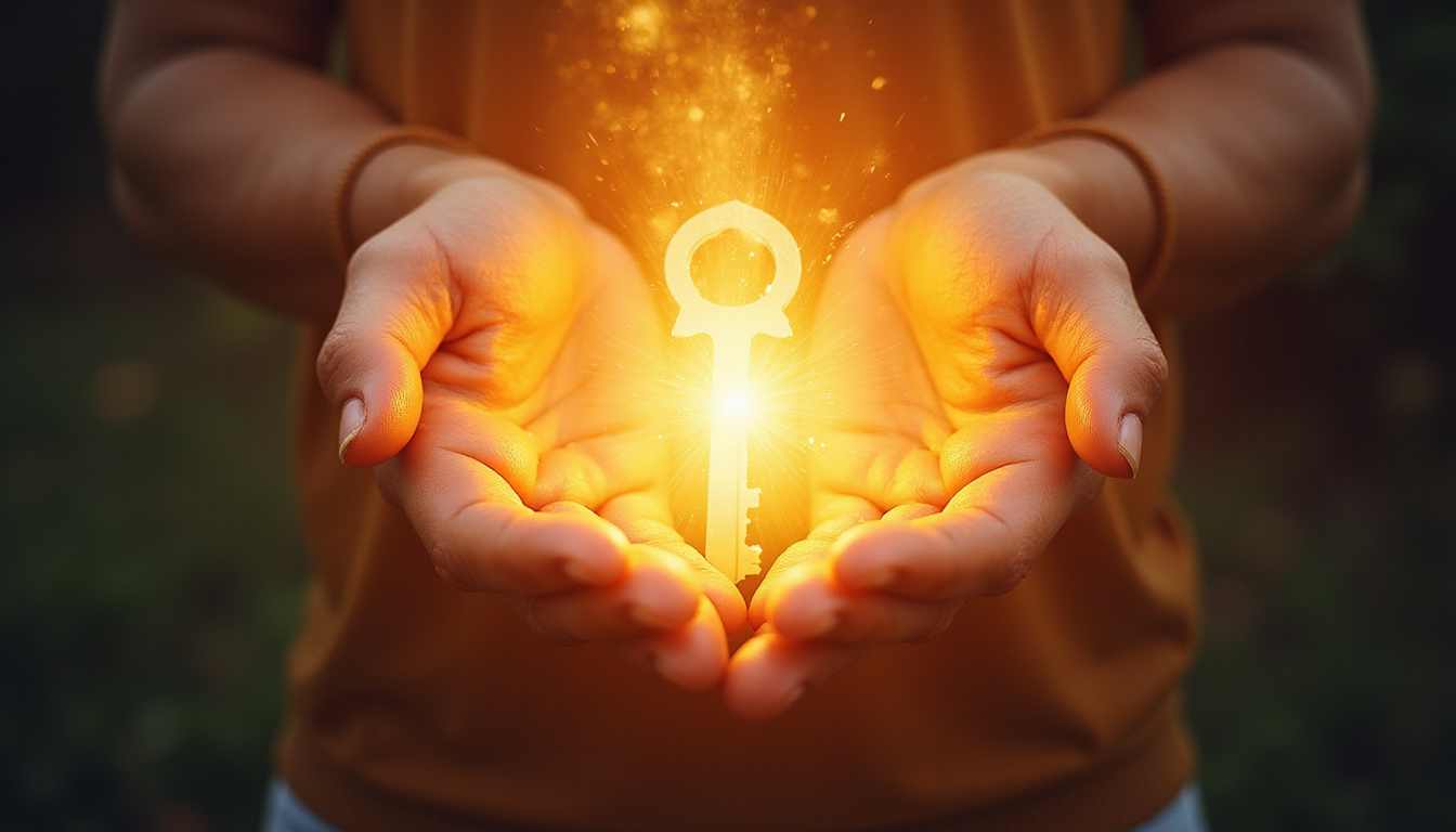  Hands opening chest revealing radiant key of purpose, blooming energy, warm golden tones