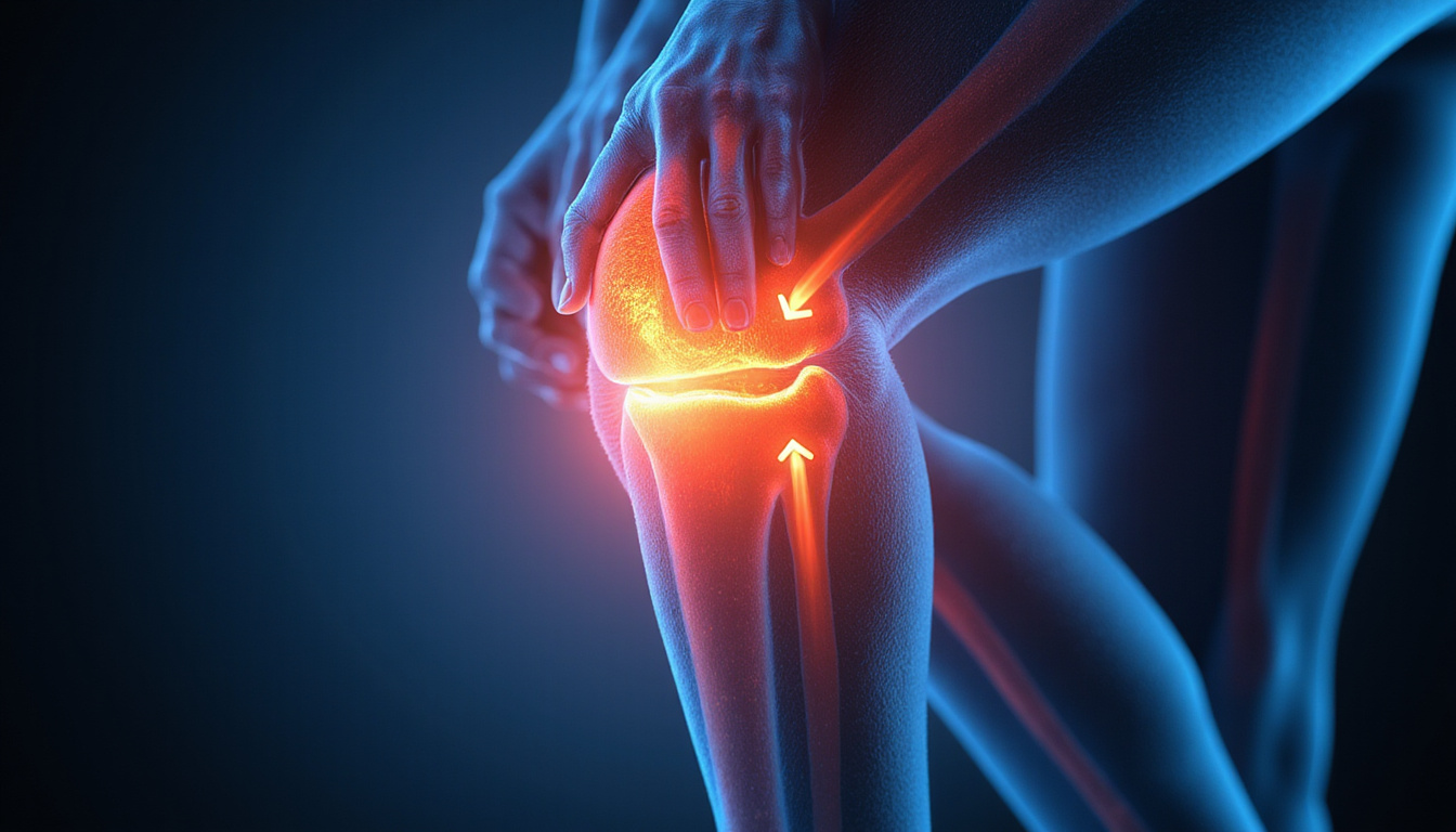  Cutaway knee MRI-style, cartilage fibers highlighted, athlete silhouette, biomechanical arrows, vibrant clinical colors