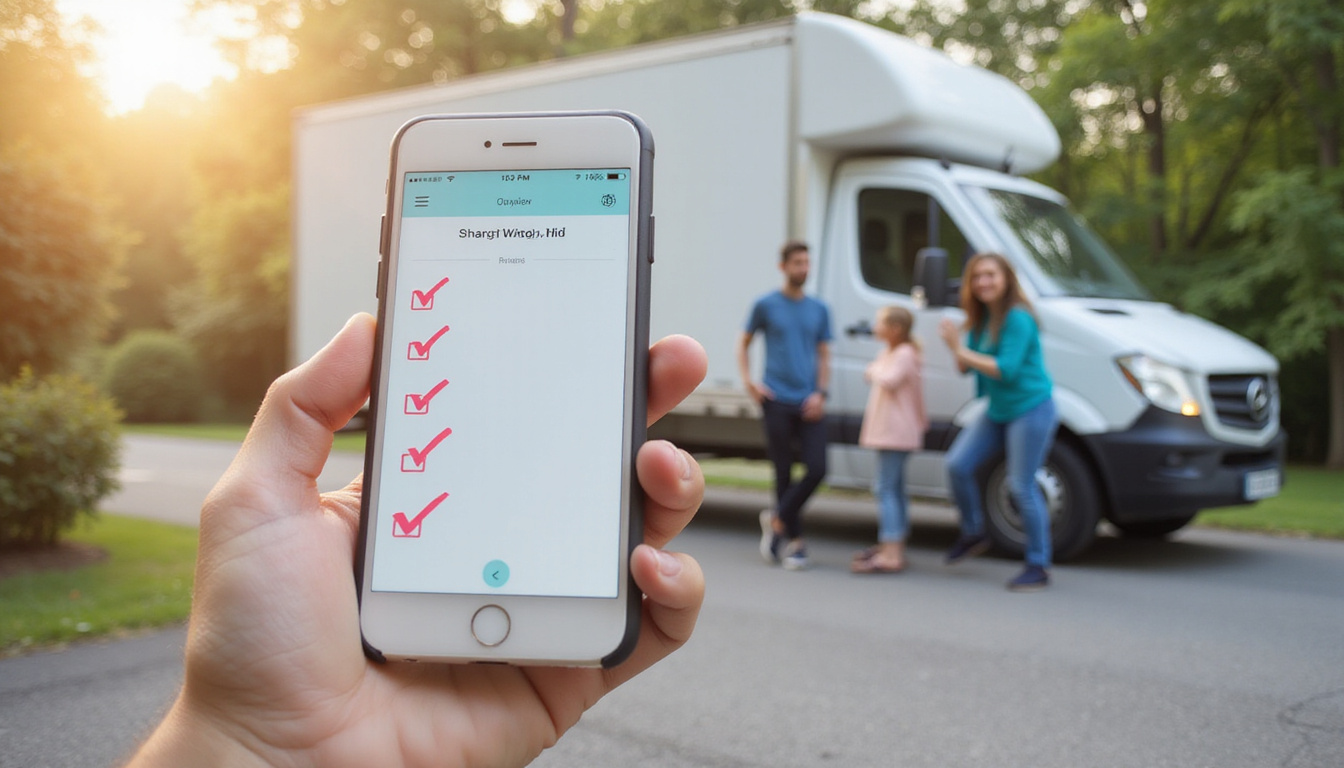 Smart moving app on smartphone, checklist overlay, moving truck parked, smiling family, stress-free atmosphere