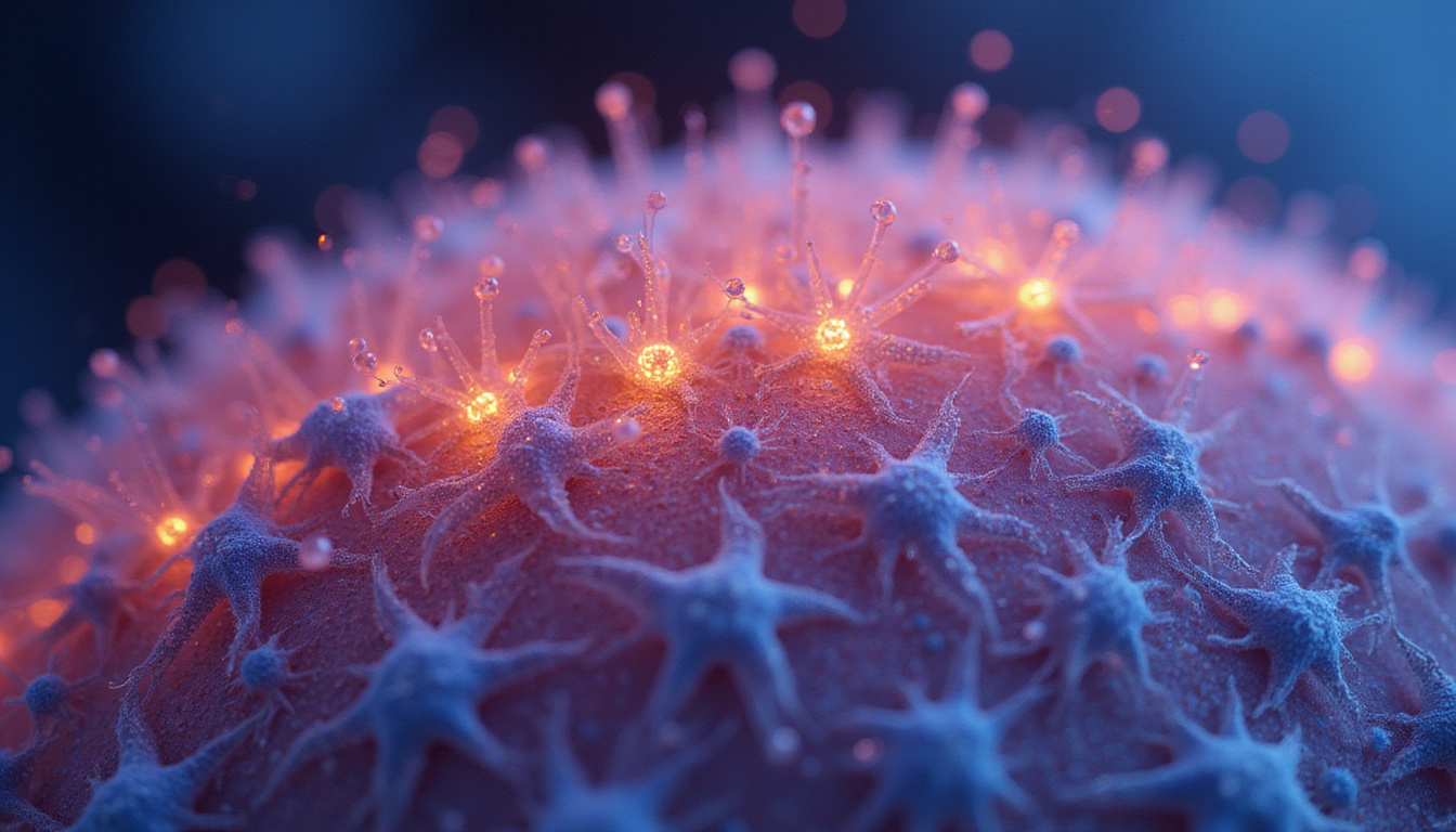  Close-up scalp micrograph, regenerating follicles, hormone molecules glowing, calming medical setting