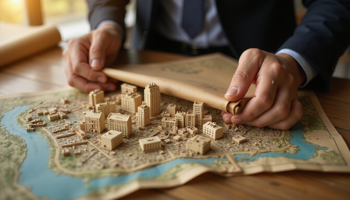  Real estate agent unrolling a treasure map over city model, golden highlights, clandestine atmosphere