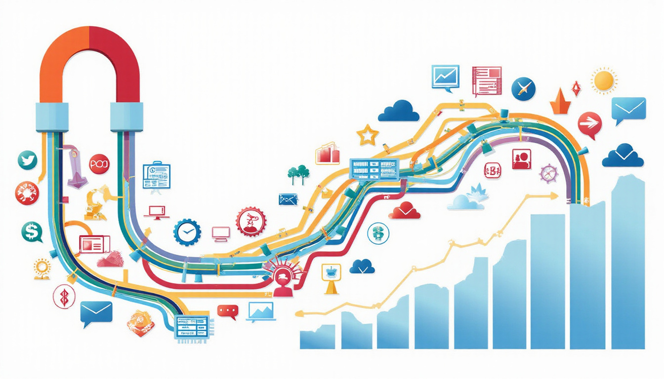 Infographic pipeline of content streams flowing to social, blogs, analytics growth charts, magnet attracting conversions