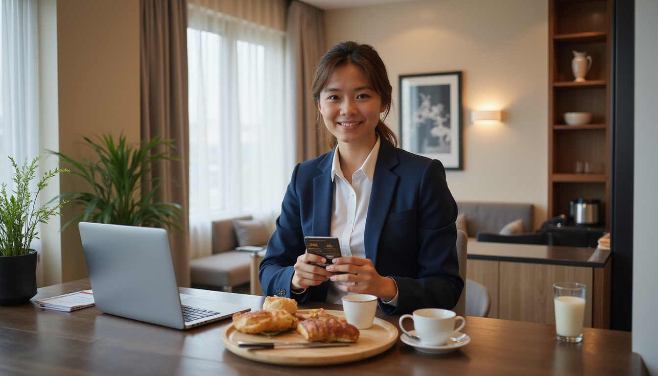 Business traveler working at elegant suite desk, complimentary breakfast tray, loyalty card, efficient packing