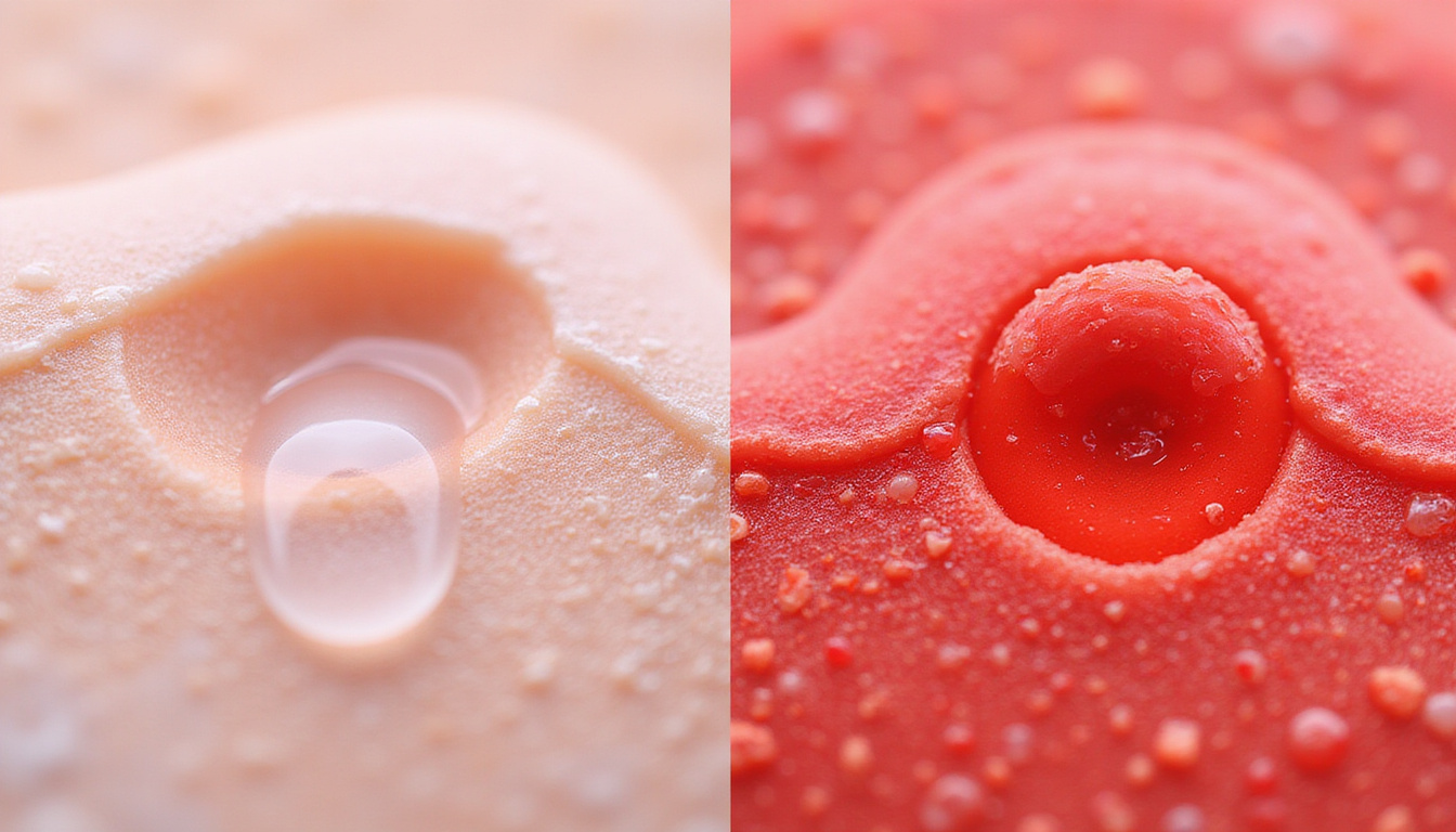  Comparative diptych: healthy smooth cartilage with clear lubricant versus inflamed rough cartilage, red fluid