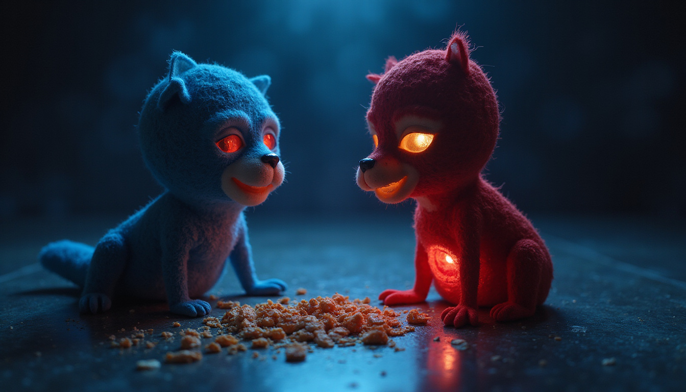  Masked everyday snacks whispering to a glowing pancreas, shadowy insulin spikes, dramatic chiaroscuro