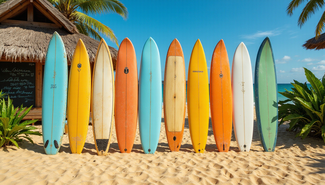  Colorful surfboards lined on golden sand, tropical hut classroom, wave charts, relaxed island atmosphere