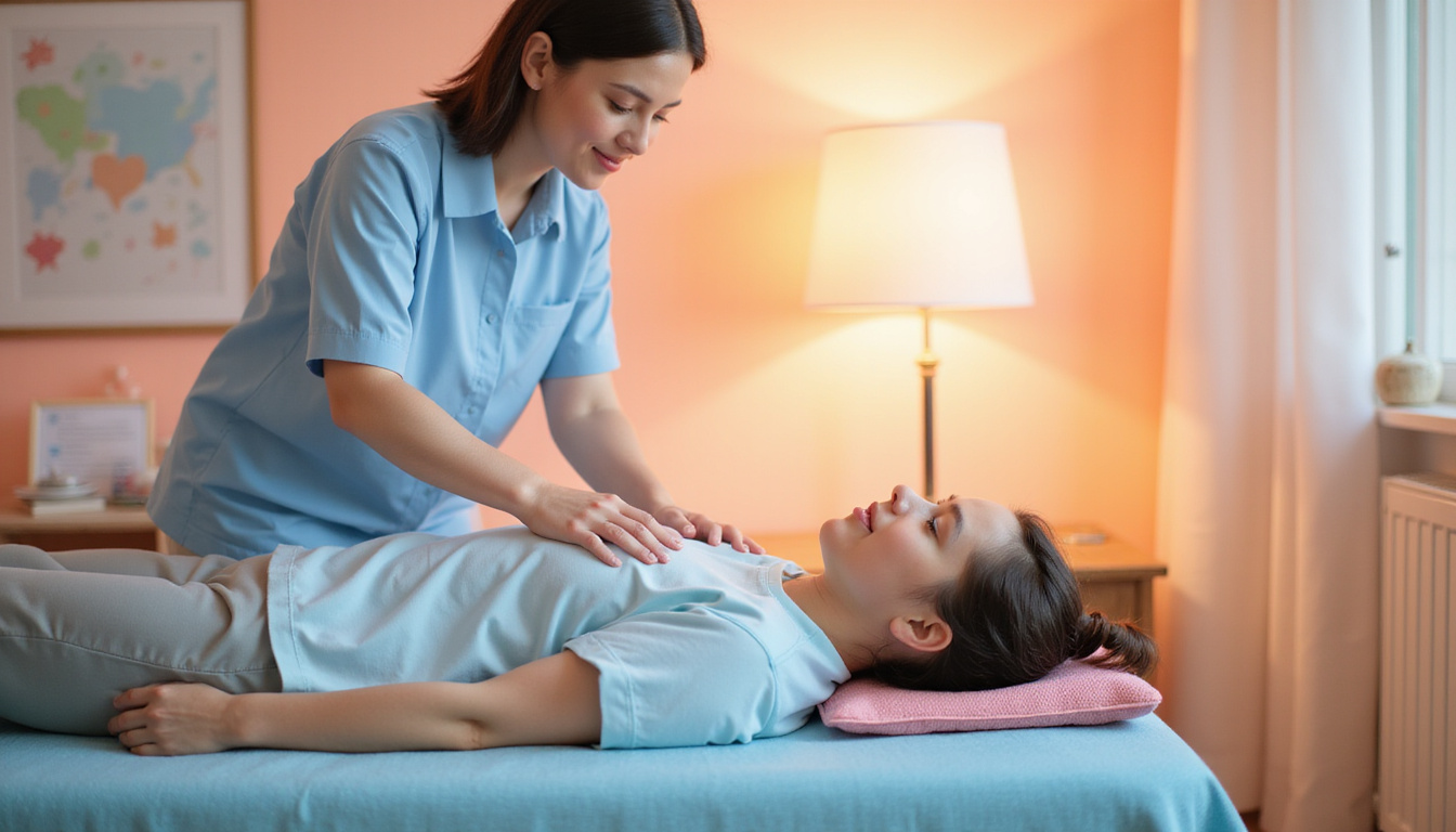 Calm recovery scene: patient doing gentle stretches with physical therapist, heating pad, checklist icons, soft lighting