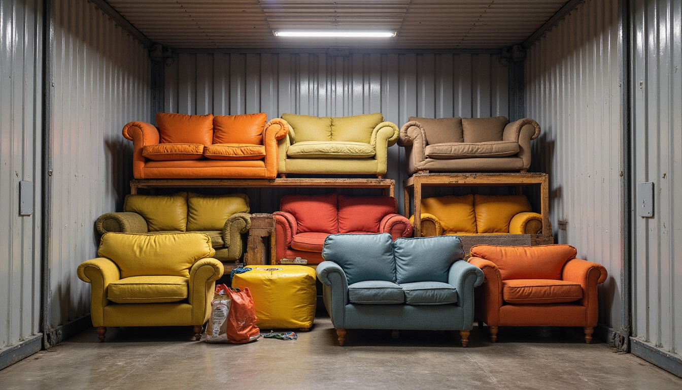  Neatly stacked couch sections inside organized storage unit, labeled boxes, straps, climate-controlled lighting