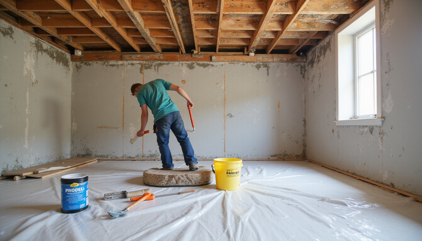  DIY worker applying mold remover, scrubbing joists, laying plastic vapor barrier, tools and labeled savings