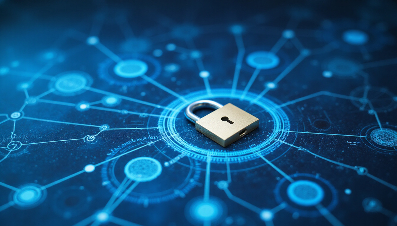  Secure printing ecosystem, locked padlock over data streams, technicians optimizing workflows, blue hues