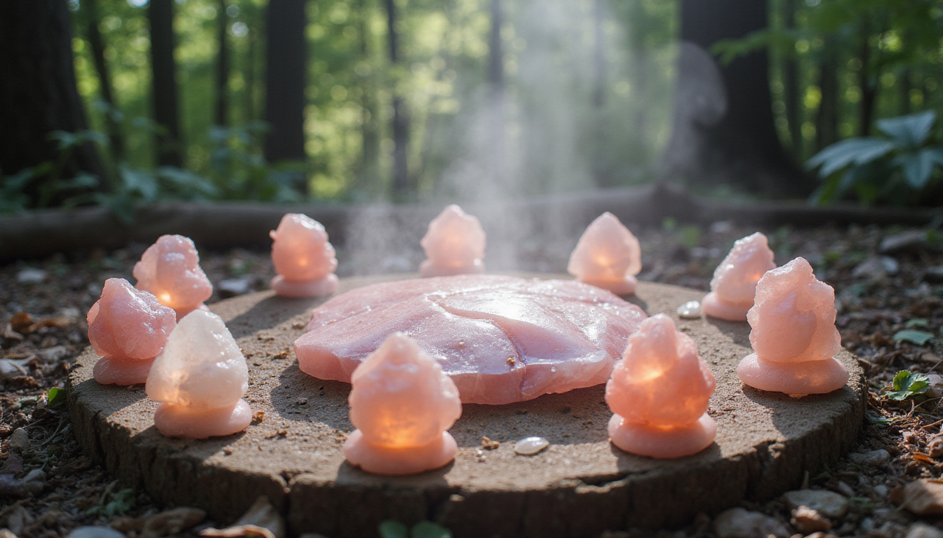  Rose quartz ritual circle in forest clearing, gentle mist, compassionate faces emerging