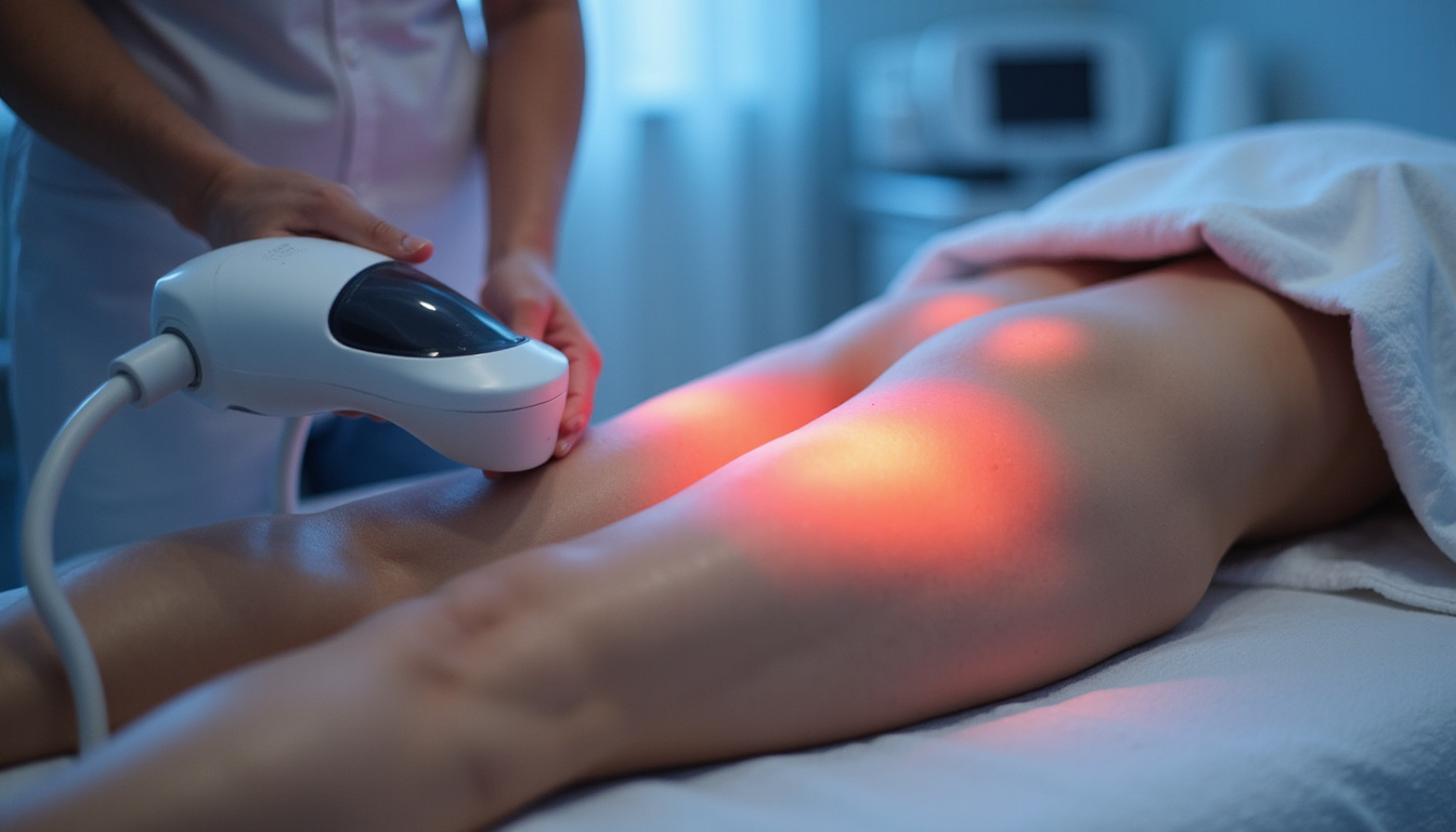  Close-up of treatment: physical therapist massaging swollen bursa, ultrasound device, calm clinic lighting