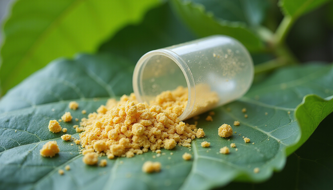  Close-up undenatured type II collagen capsule dissolving into cartilage-repairing particles, green leaves, clinical light