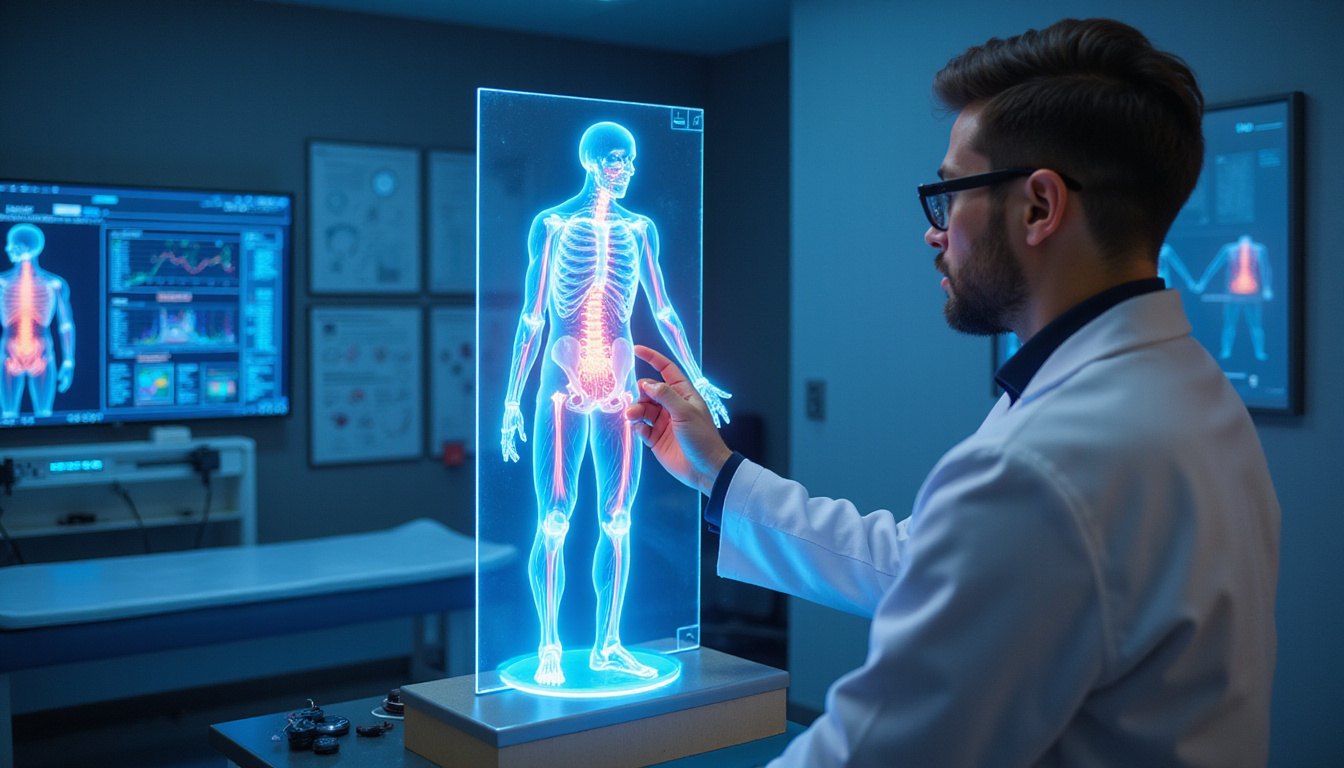 Physiotherapist analyzing 3D muscle asymmetry hologram, recovery charts, futuristic medical clinic lighting