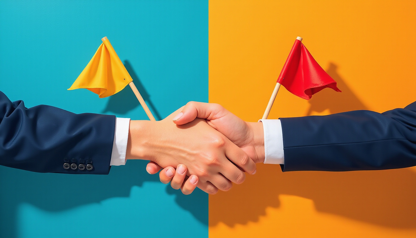 Contrast composition: trustworthy landlord handshake versus shady scammer shadow, warning signs, red flags