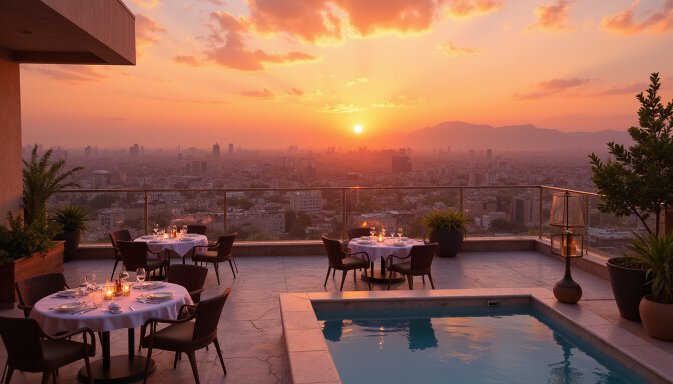 Sunset rooftop dining and serene marble spa terrace, butler service, lanterns, panoramic Nile skyline