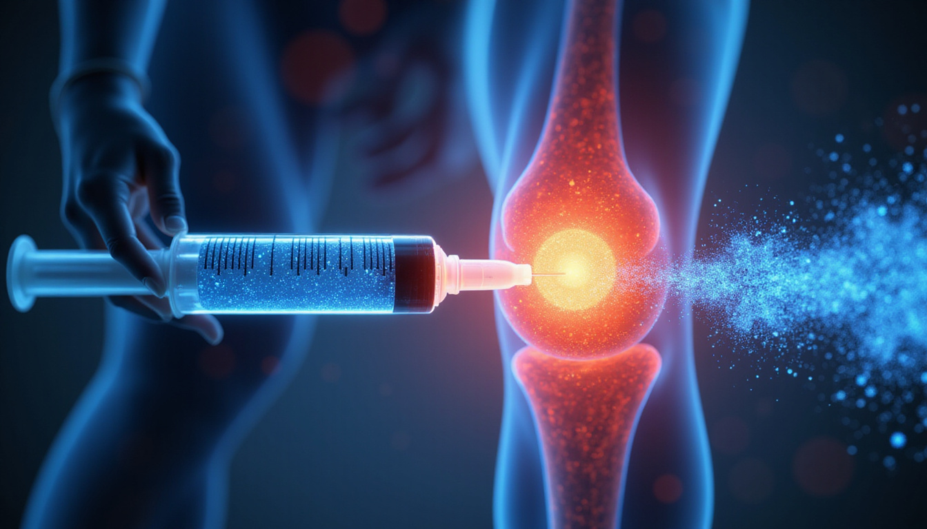  Futuristic syringe releasing blue healing particles into inflamed knee, pain dissolving into light