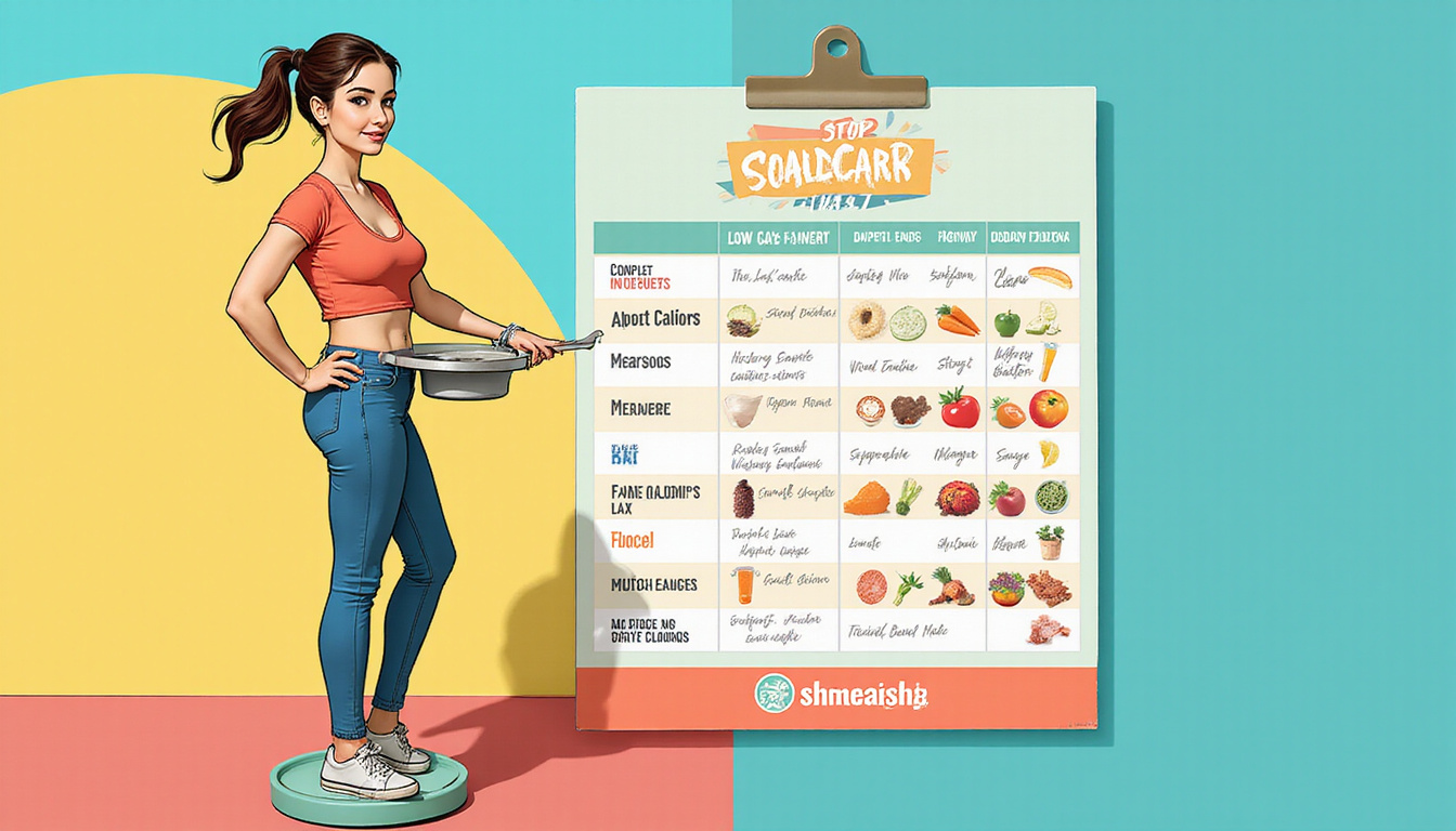  Confident person checking scale and low-carb calorie chart, stop guessing banner, vibrant motivational poster style