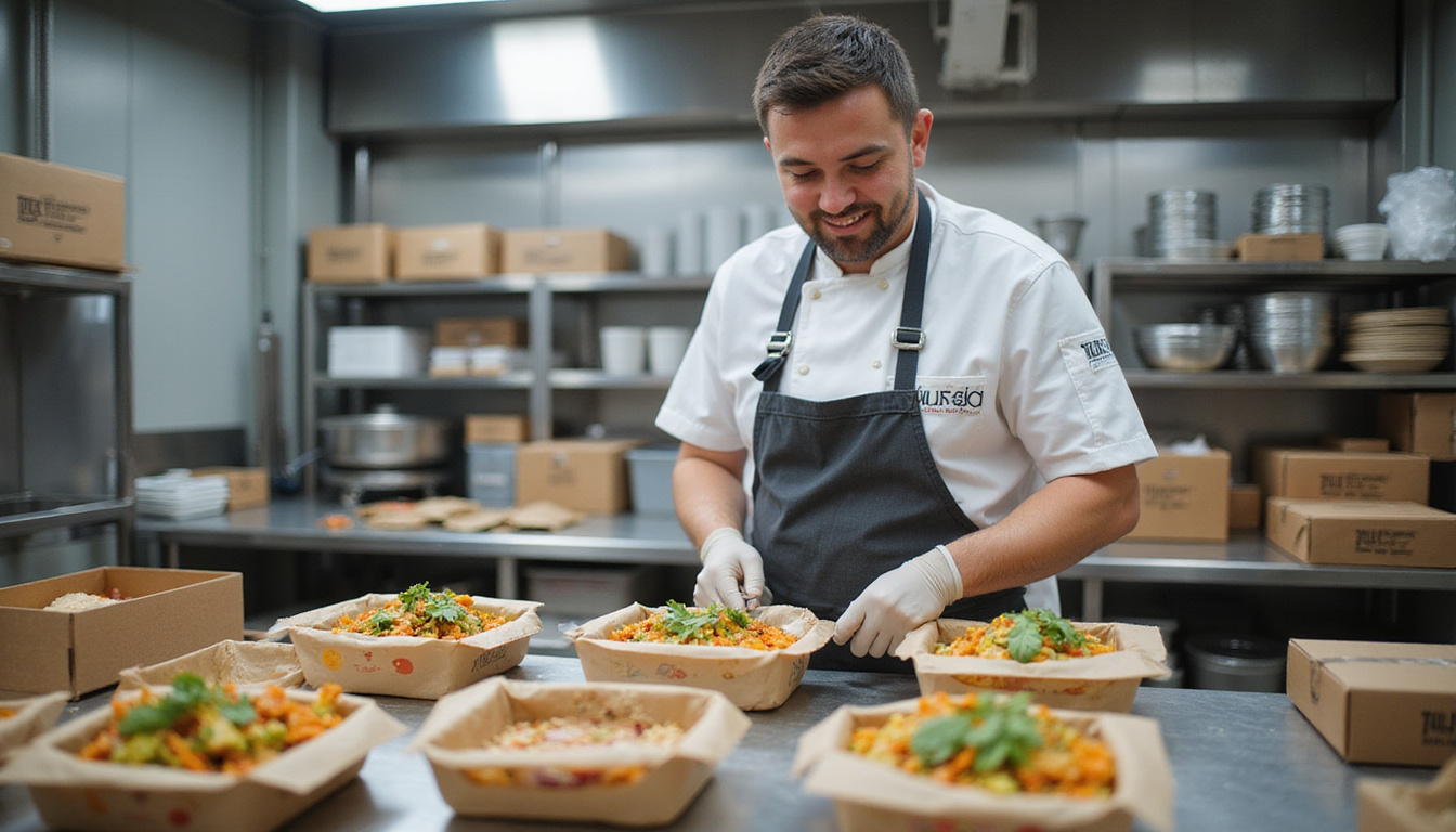 Chef prepping nutritious budget-friendly boxed meals in industrial galley, organized labels, happy uniforms