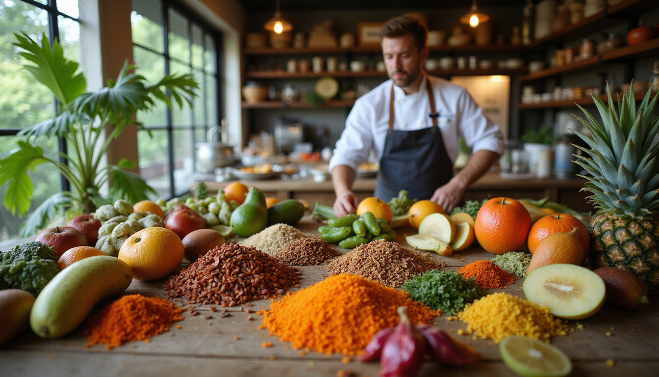  Rustic farm-to-table market, vibrant Balinese spices and tropical fruits, chefs teaching cooking class