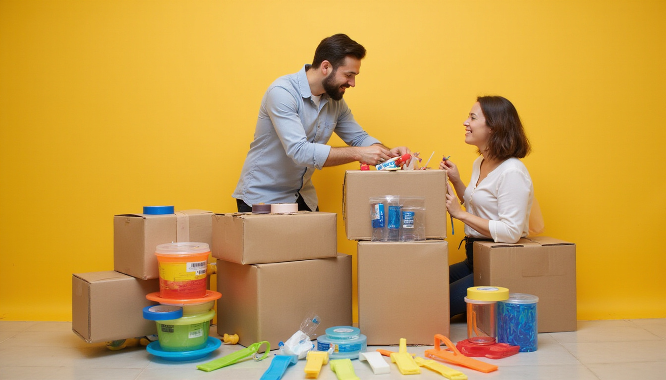  Budget-savvy relocation: DIY packing station, color-coded supplies, tape, dolly, relieved family celebrating