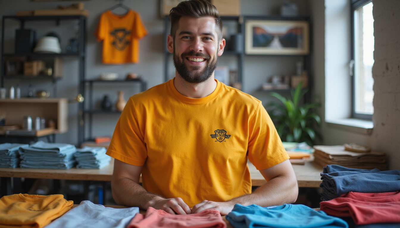  Energetic small business studio printing bold logo apparel, smiling designer, stacks of multicolored tees