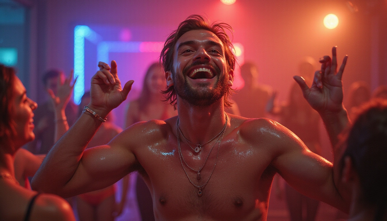  Studio with kaleidoscopic lights, sweat-gloss skin, fluid motion, uplifted hands, communal joy