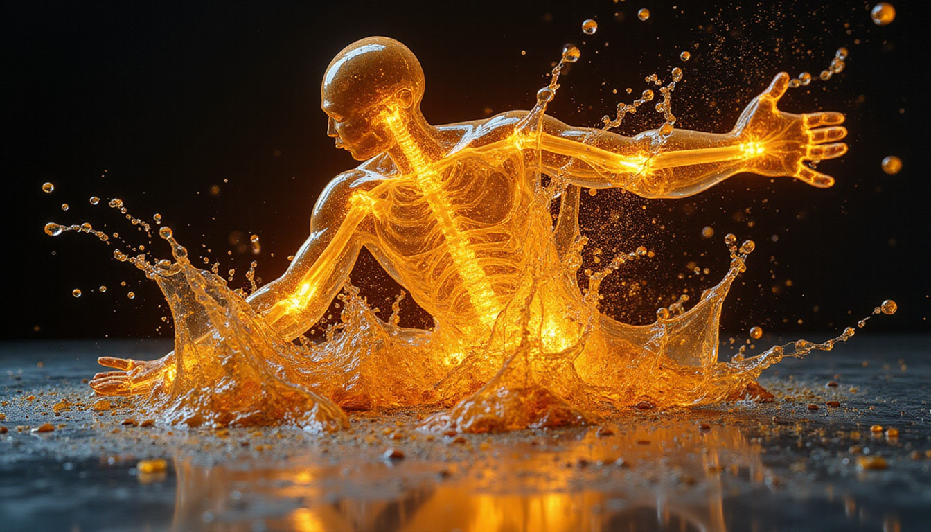  Dynamic overhead smash, x-ray-style joints infused with golden viscous fluid, victory aura
