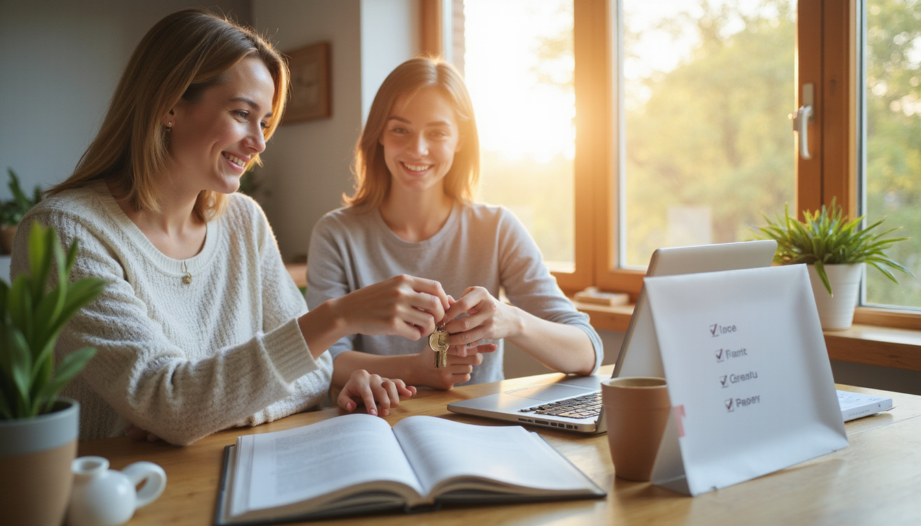  Happy couple receiving keys in sunlit modern house, laptop with listings, checklist overlay
