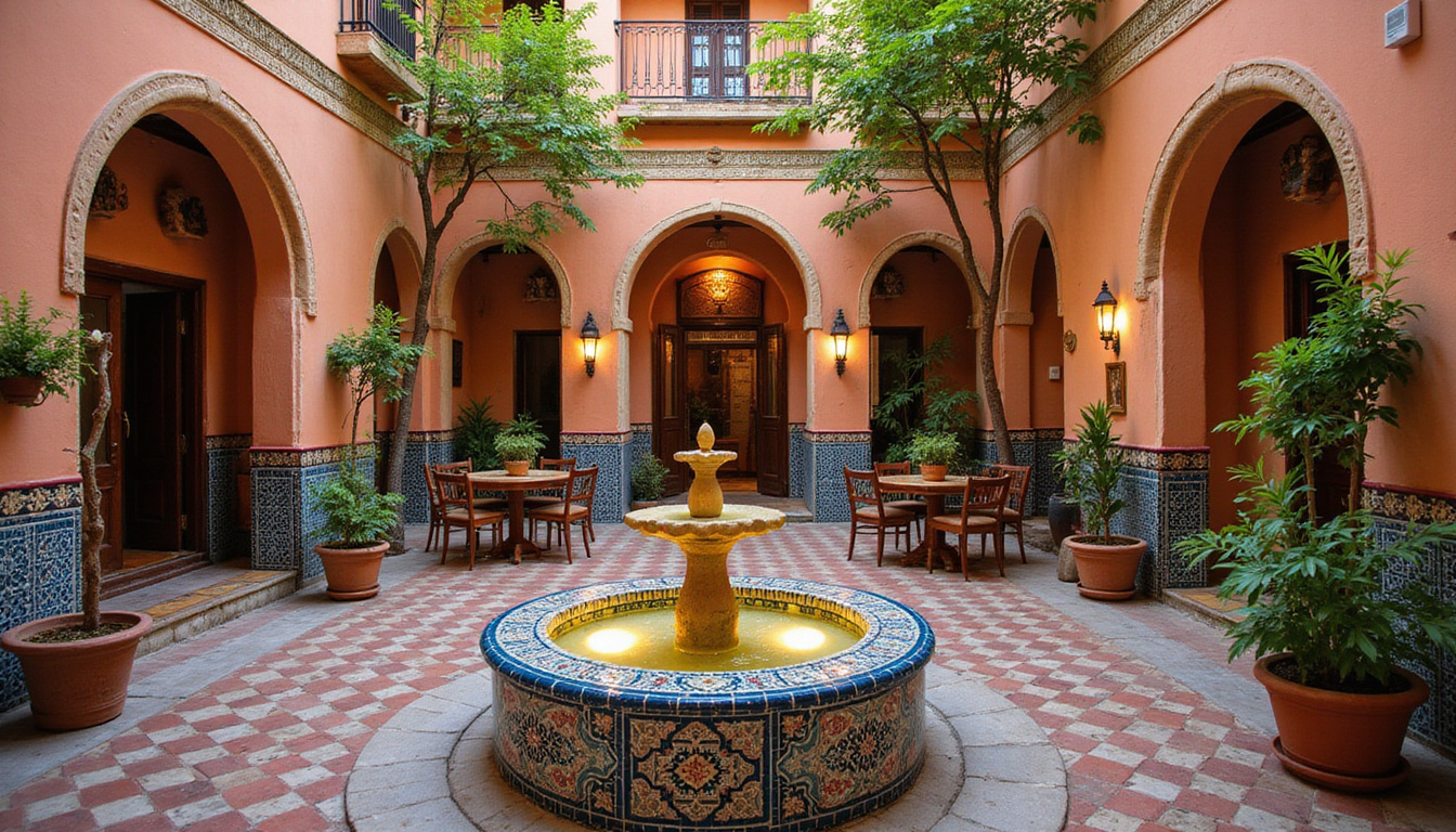  Charming budget-friendly riad-style guesthouse courtyard, sunlit mosaic fountain, friendly staff serving breakfast