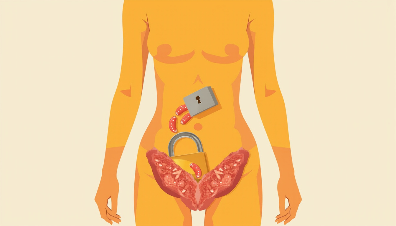  Conceptual illustration: human silhouette, belly area blocked by lock and shield, carbs bouncing off