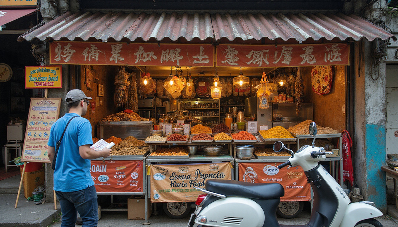 Vibrant Balinese street food market with halal signage, spice stalls, traveler holding guidebook, scooter nearby