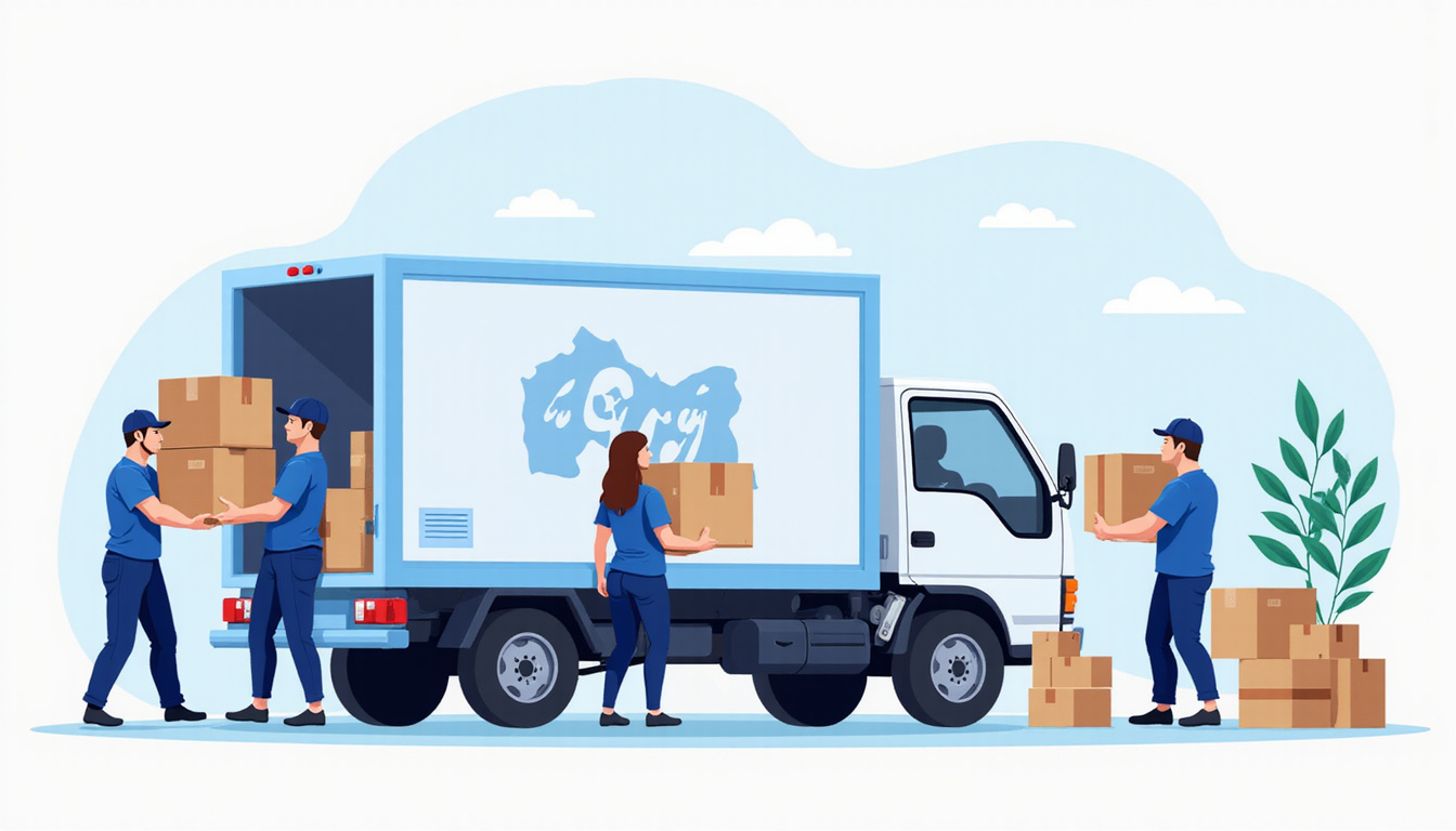  Flat illustration of affordable moving, Tel Aviv map, price tag, happy family unloading boxes, vibrant colors