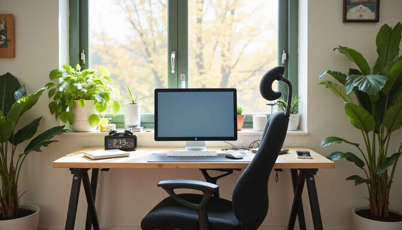 Productivity-enhancing setup, ergonomic chair, keyboard tray, timer, plants, sunlight, focused happy worker