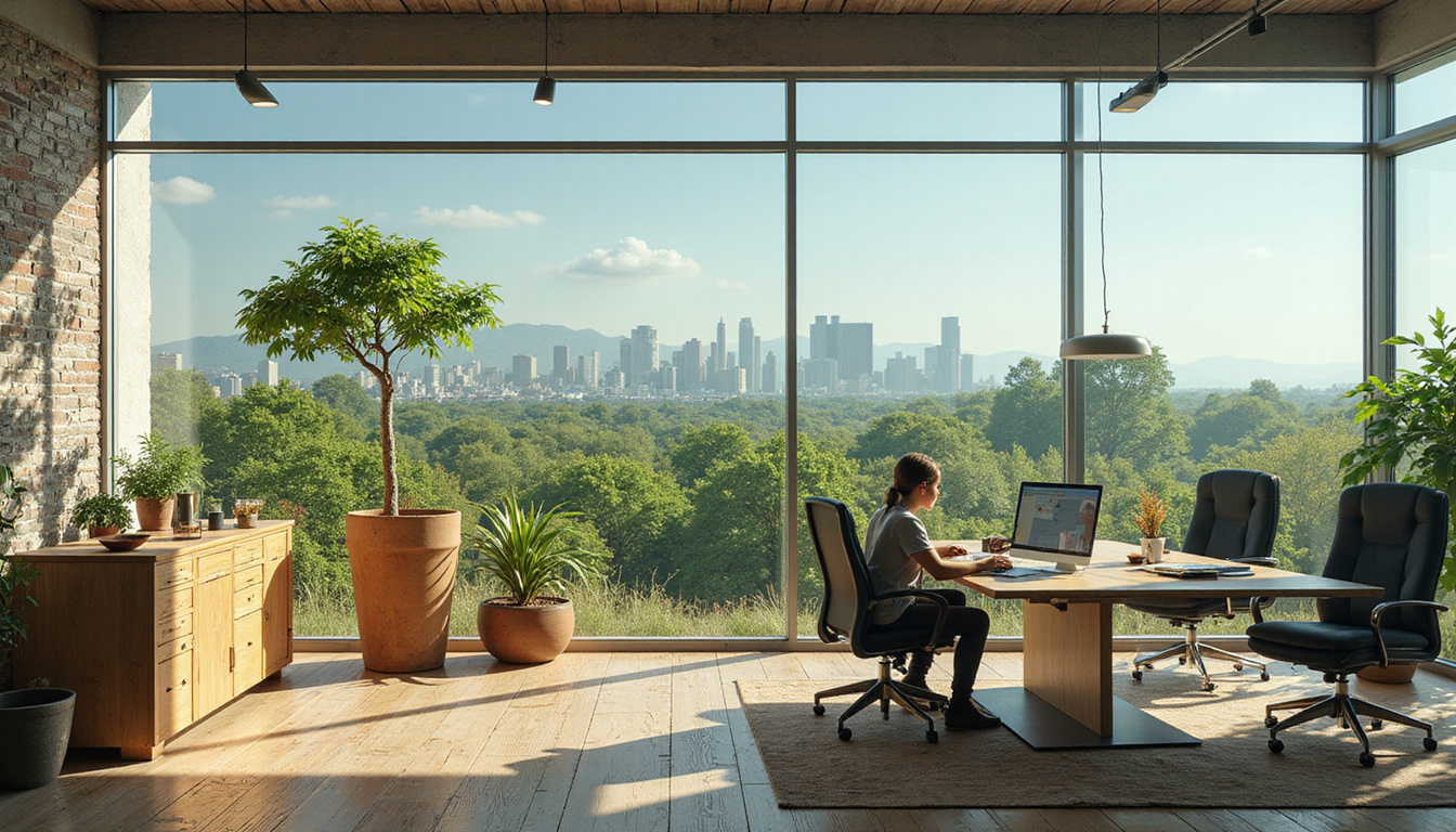  Split-scene: landfill-to-modern eco-office, reclaimed wood furniture, workers saving coins, vibrant green skyline