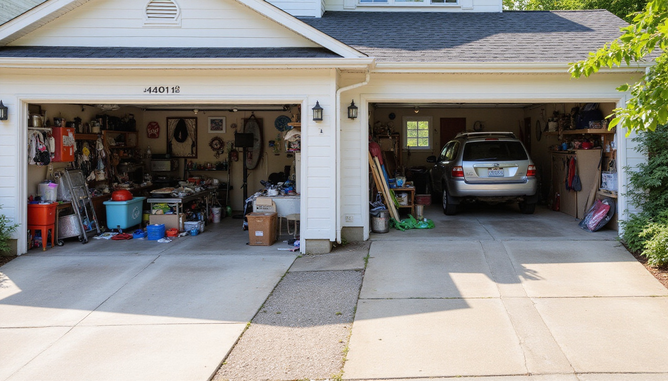  Before-and-after home driveway transformation, cluttered garage to tidy space, affordable cleanout signage