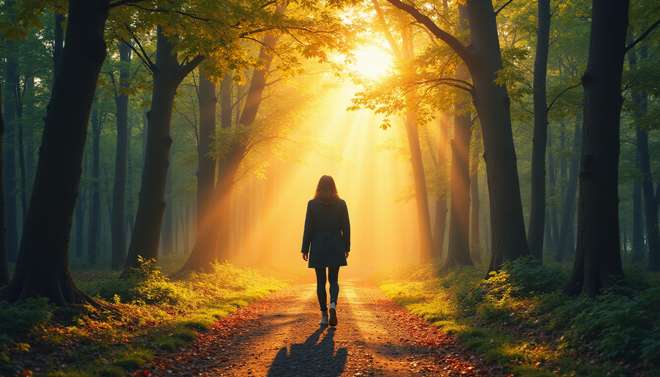  Solitary figure walking a quiet forest path, warm halo of light, whispering leaves