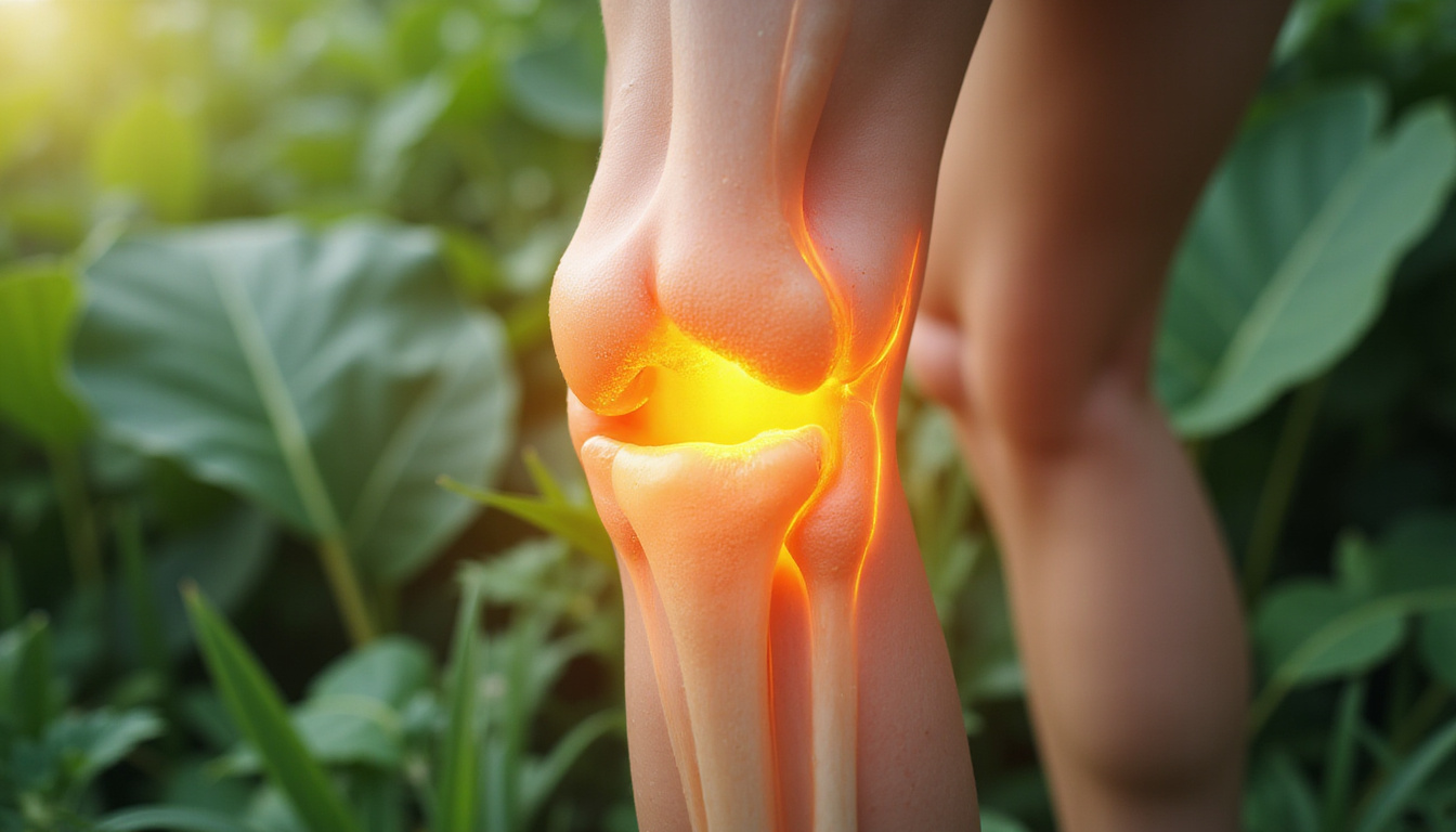  Close-up knee joint illustration, translucent layers, smooth lubrication, Celadrin molecule overlay, natural leaves background