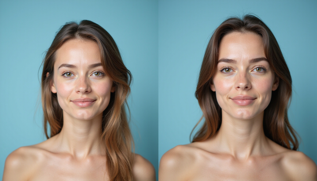  Before-and-after split portrait: thinning hair to lush regrowth, botanical topical treatment, clinical studio lighting
