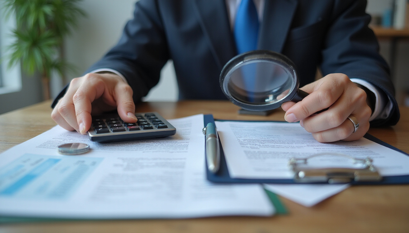 Close-up of hands, calculator, mortgage agreement, magnifying glass, glowing approval stamp