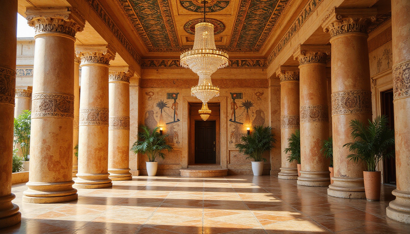 Ancient pharaonic-inspired lobby, marble columns, intricate hieroglyphic murals, crystal chandelier, luxury guests