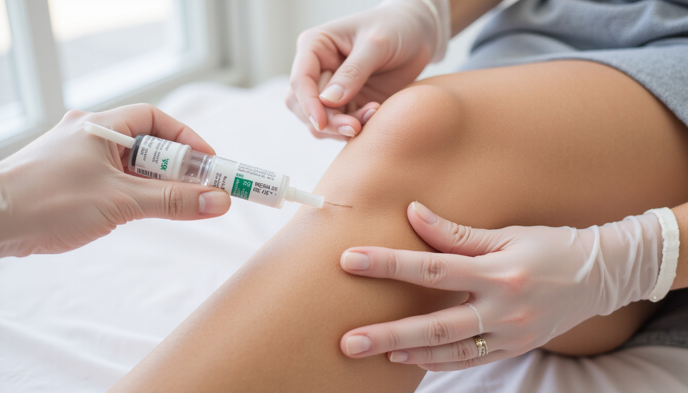  Realistic knee cross-section receiving clear gel injection, branded vials floating, soft lighting, informative