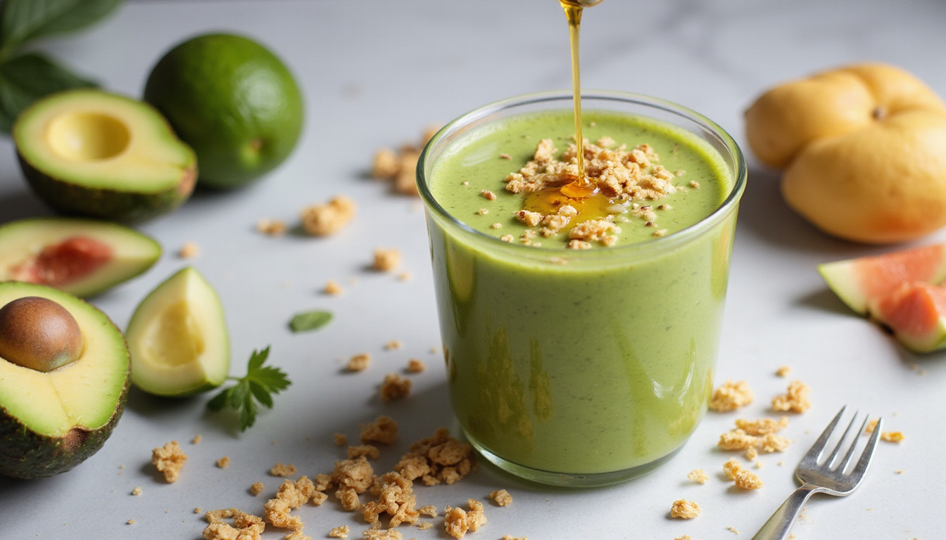 Bright kitchen scene: avocado smoothie bowl, sliced fruits, granola, dripping honey, modern styling
